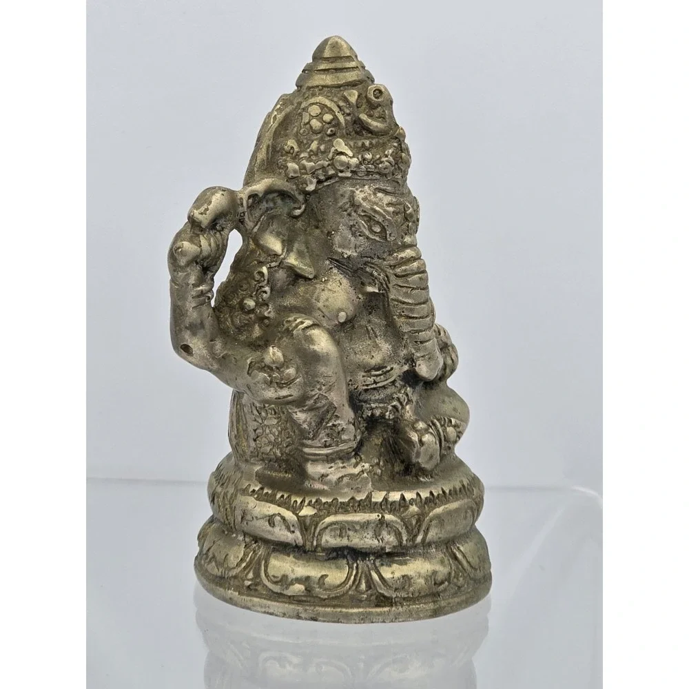 Vtg 4" Silver Plated Brass Elephant Ganesha Wealth God Buddha‎ Statue - Picture 6 of 16